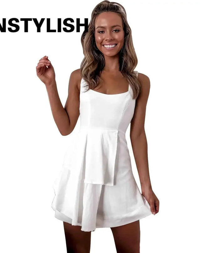 Women Elegant Solid Backless Lace Up Patchwork Mini Dress Sexy Sleeveless Tank Dress Casual White Black Beach Party A Line Dress