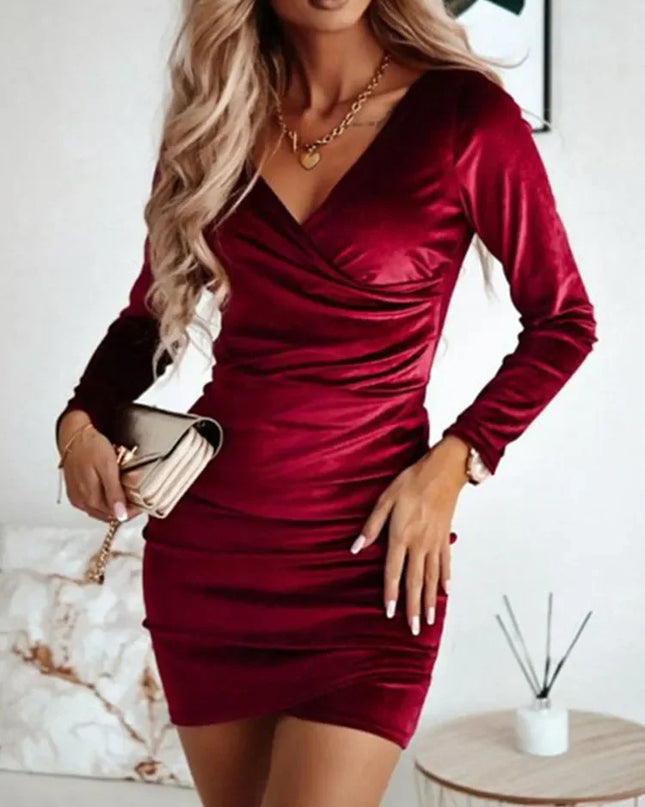 Autumn Velvet V-Neck Bodycon Dress