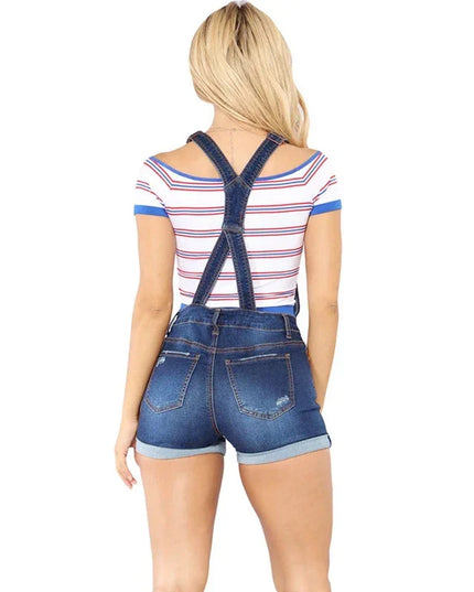 Short Denim Overalls Women Hole  Jumpsuit High Waist Casual Jeans Playsuit Washed Salopette Straps 2019 Summer  Romper