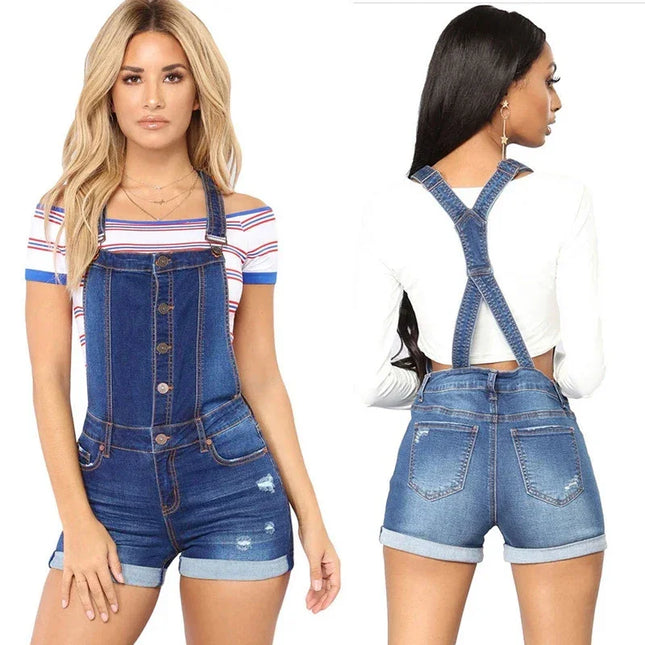 Short Denim Overalls Women Hole  Jumpsuit High Waist Casual Jeans Playsuit Washed Salopette Straps 2019 Summer  Romper