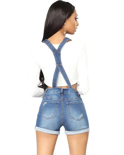 Short Denim Overalls Women Hole  Jumpsuit High Waist Casual Jeans Playsuit Washed Salopette Straps 2019 Summer  Romper