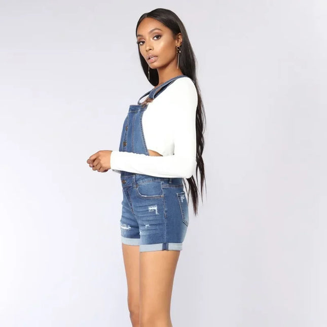 Short Denim Overalls Women Hole  Jumpsuit High Waist Casual Jeans Playsuit Washed Salopette Straps 2019 Summer  Romper