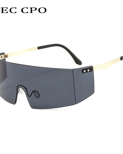 OEC CPO Fashion Rimless Sunglasses Women Men Big Flat Top Glasses Oversized Sunglasses Female Mirror Goggle UV400 O596