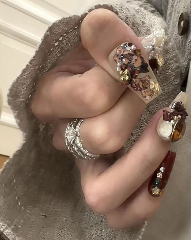 Handmade Christmas Red Velvet Teddy Bear Diamond Cute Vintage Wearable Nail Art Pieces | ZAKAPOP