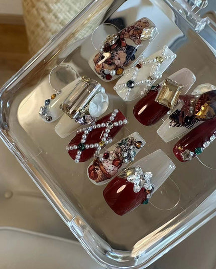 Handmade Christmas Red Velvet Teddy Bear Diamond Cute Vintage Wearable Nail Art Pieces | ZAKAPOP