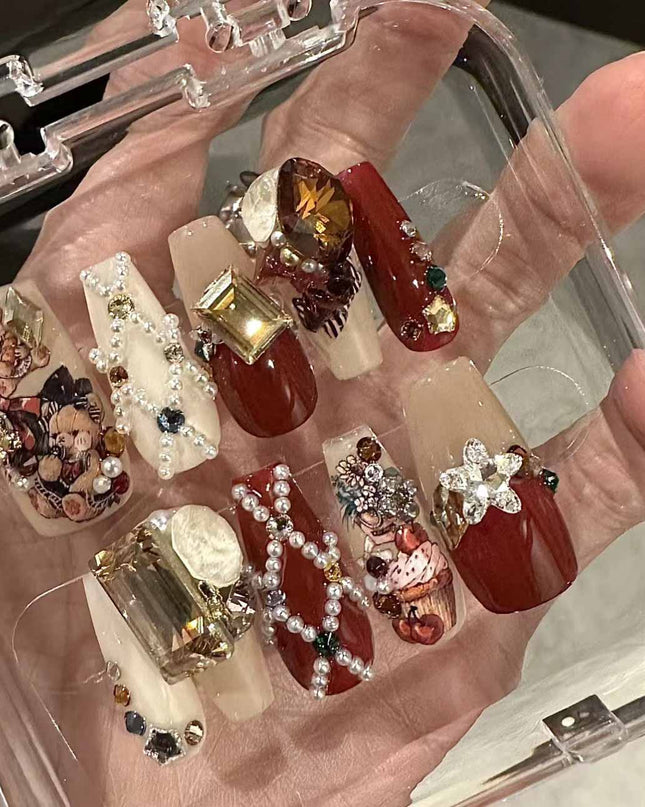 Handmade Christmas Red Velvet Teddy Bear Diamond Cute Vintage Wearable Nail Art Pieces | ZAKAPOP