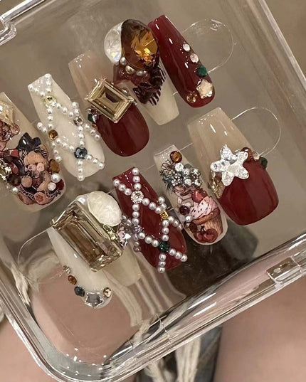 Handmade Christmas Red Velvet Teddy Bear Diamond Cute Vintage Wearable Nail Art Pieces | ZAKAPOP