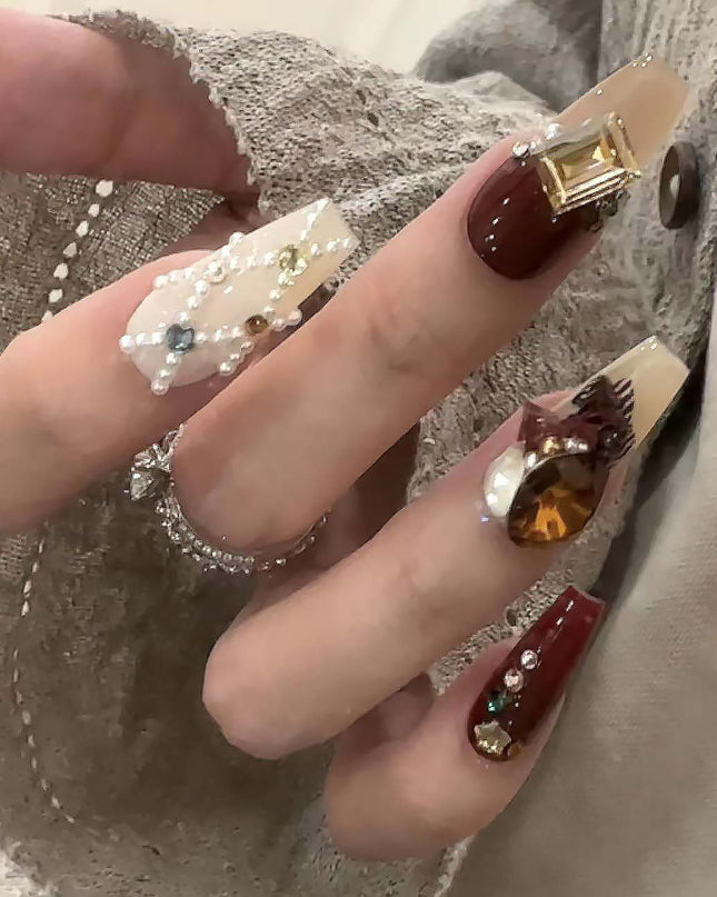 Handmade Christmas Red Velvet Teddy Bear Diamond Cute Vintage Wearable Nail Art Pieces | ZAKAPOP