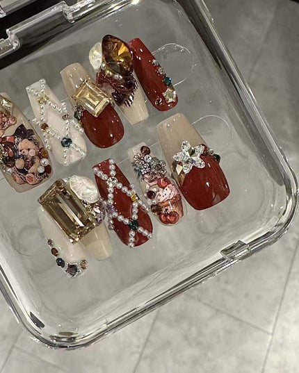 Handmade Christmas Red Velvet Teddy Bear Diamond Cute Vintage Wearable Nail Art Pieces | ZAKAPOP