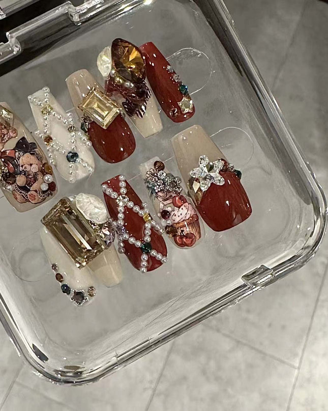 Handmade Christmas Red Velvet Teddy Bear Diamond Cute Vintage Wearable Nail Art Pieces | ZAKAPOP