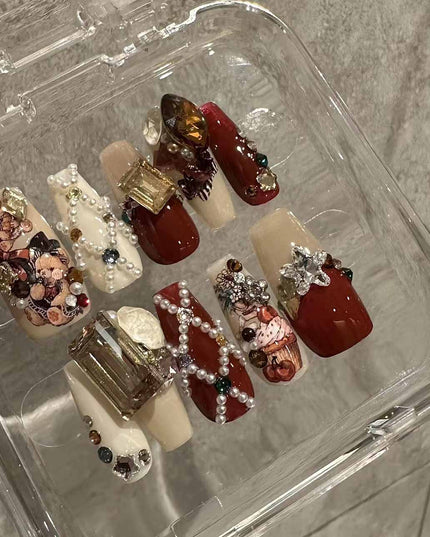 Handmade Christmas Red Velvet Teddy Bear Diamond Cute Vintage Wearable Nail Art Pieces | ZAKAPOP