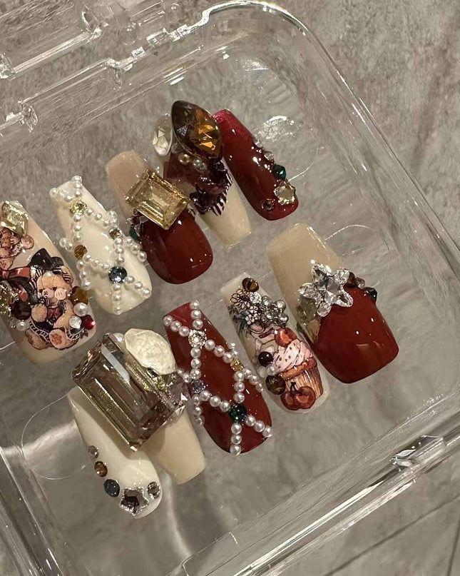 Handmade Christmas Red Velvet Teddy Bear Diamond Cute Vintage Wearable Nail Art Pieces | ZAKAPOP