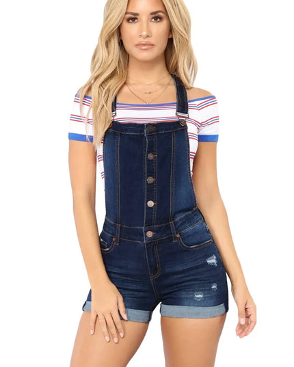 Short Denim Overalls Women Hole  Jumpsuit High Waist Casual Jeans Playsuit Washed Salopette Straps 2019 Summer  Romper
