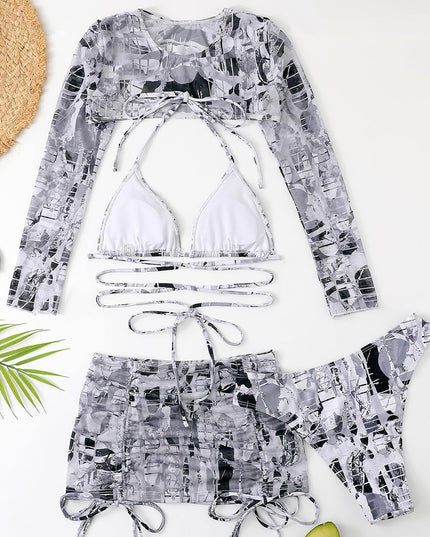 High-Waisted Drawstring Printed Three-Piece Long-Sleeve Swimsuit | ZAKAPOP