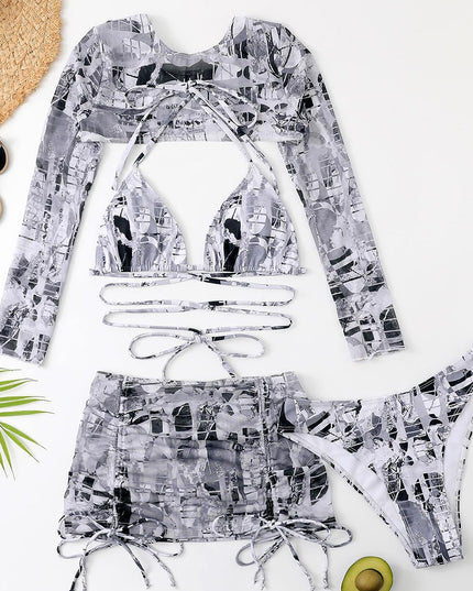 High-Waisted Drawstring Printed Three-Piece Long-Sleeve Swimsuit | ZAKAPOP