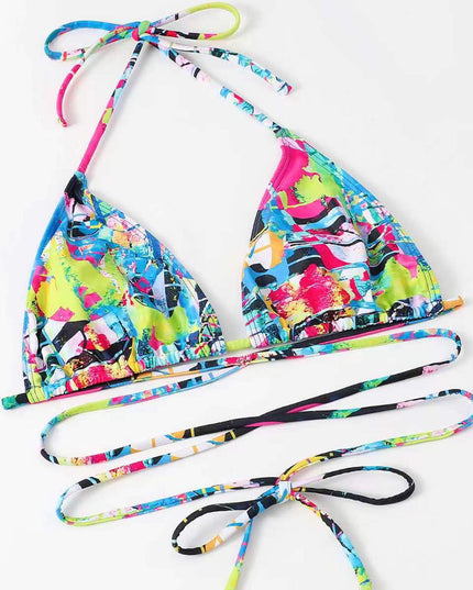 High-Waisted Drawstring Printed Three-Piece Long-Sleeve Swimsuit | ZAKAPOP