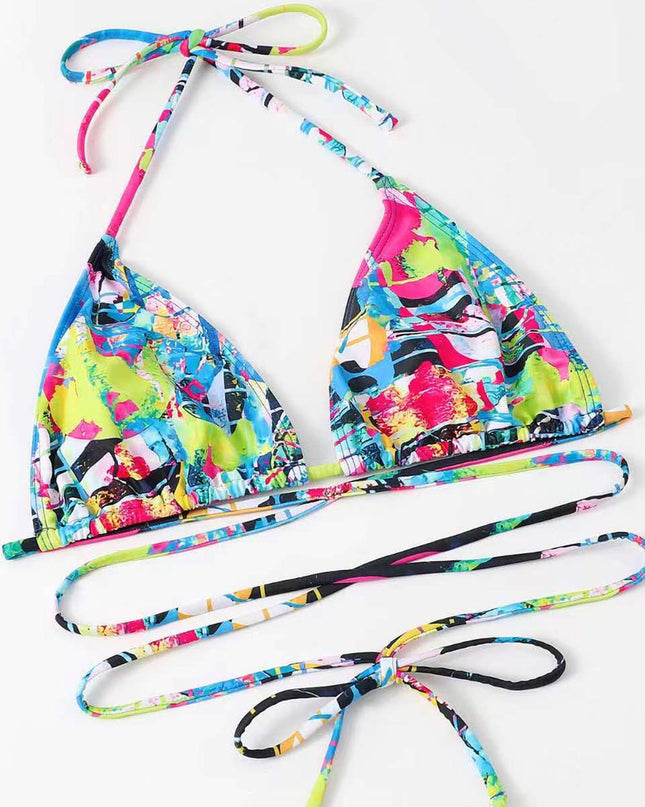 High-Waisted Drawstring Printed Three-Piece Long-Sleeve Swimsuit | ZAKAPOP
