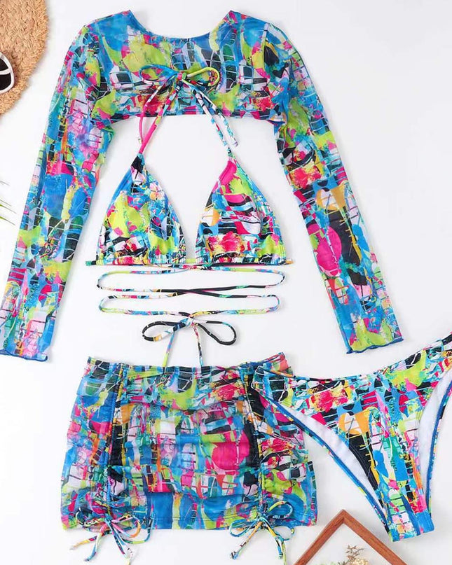 High-Waisted Drawstring Printed Three-Piece Long-Sleeve Swimsuit | ZAKAPOP