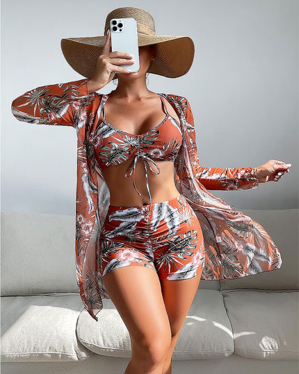 Women's Coconut Tree Print Three-Piece Set Swimsuit with Long-Sleeve Ins Hoodie | ZAKAPOP