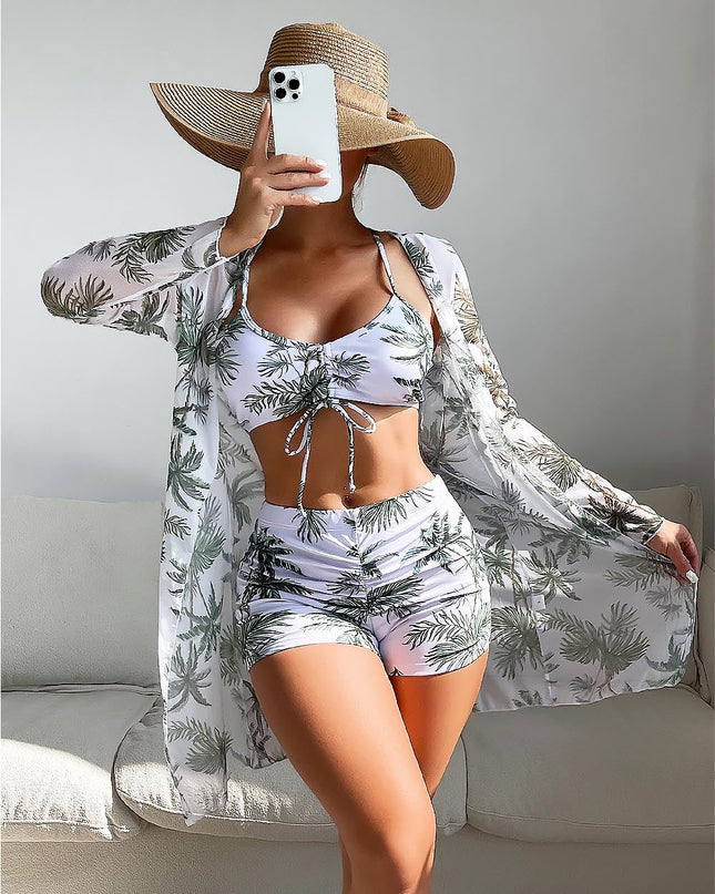 Women's Coconut Tree Print Three-Piece Set Swimsuit with Long-Sleeve Ins Hoodie | ZAKAPOP