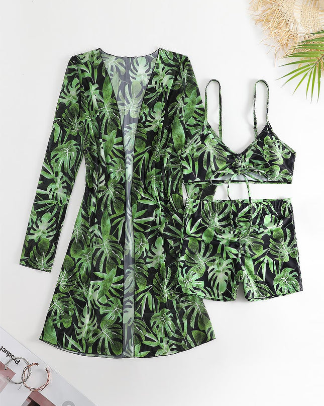 Women's Coconut Tree Print Three-Piece Set Swimsuit with Long-Sleeve Ins Hoodie | ZAKAPOP