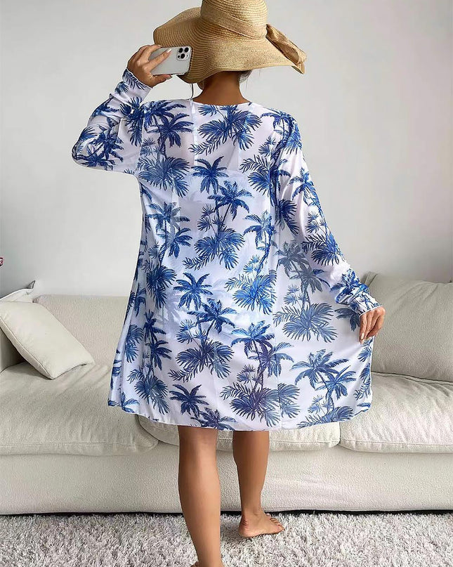 Women's Coconut Tree Print Three-Piece Set Swimsuit with Long-Sleeve Ins Hoodie | ZAKAPOP