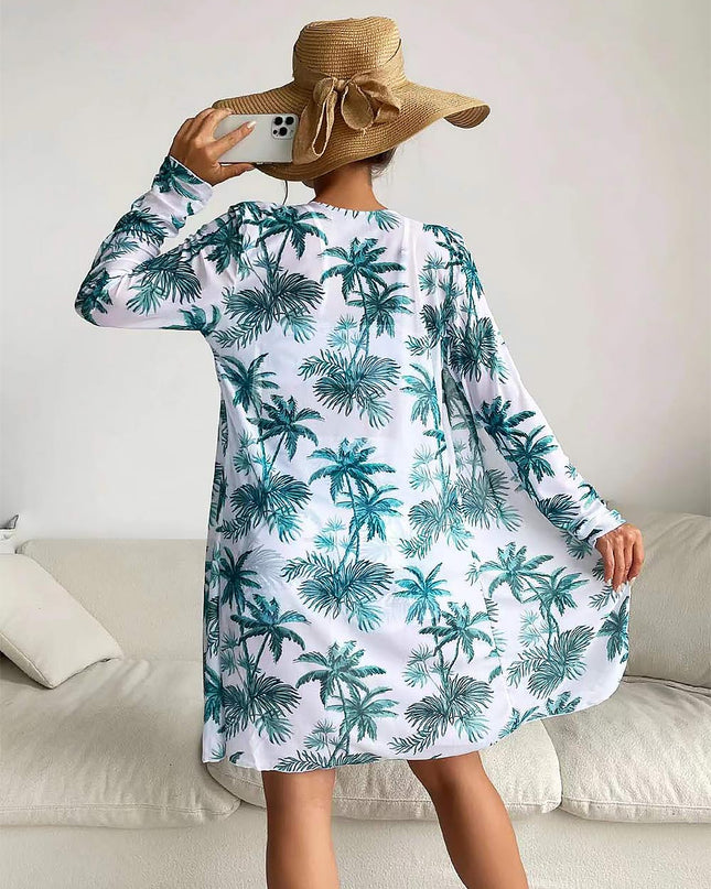 Women's Coconut Tree Print Three-Piece Set Swimsuit with Long-Sleeve Ins Hoodie | ZAKAPOP