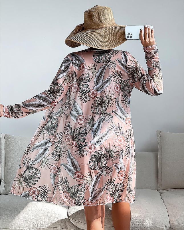 Women's Coconut Tree Print Three-Piece Set Swimsuit with Long-Sleeve Ins Hoodie | ZAKAPOP