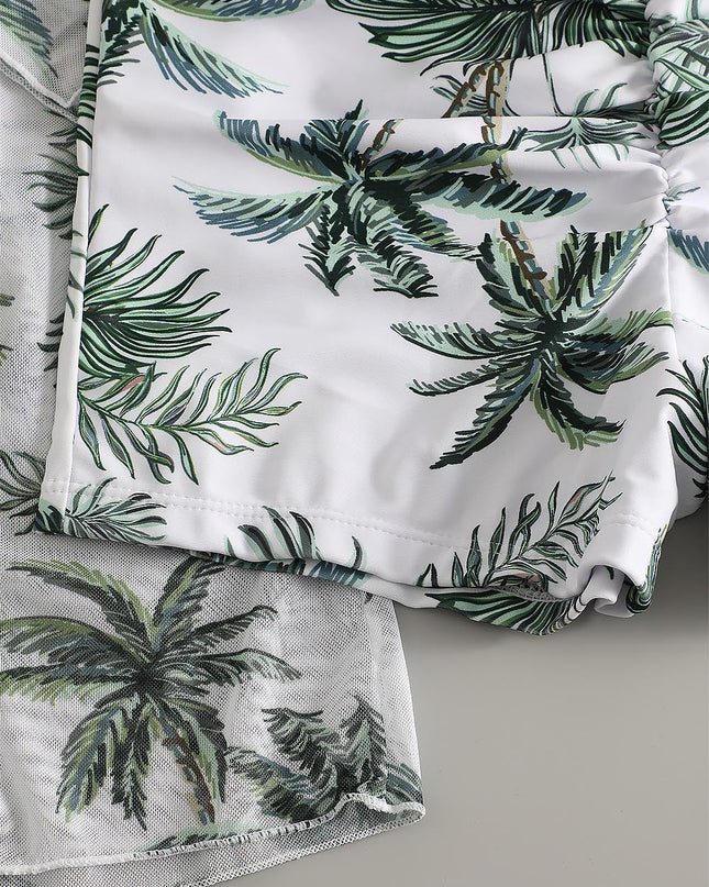 Women's Coconut Tree Print Three-Piece Set Swimsuit with Long-Sleeve Ins Hoodie | ZAKAPOP
