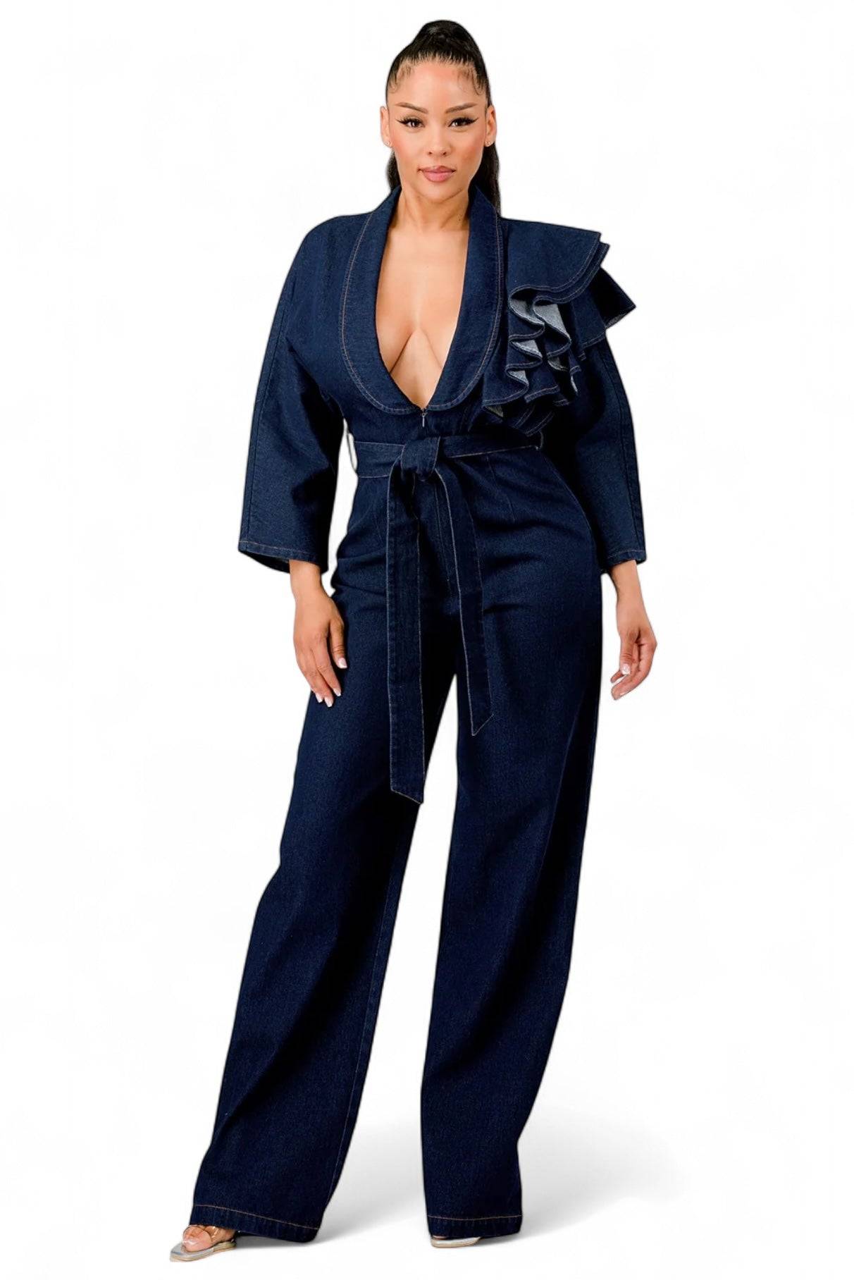 Curvy Dark Denim Ruffle Shoulder Jumpsuit