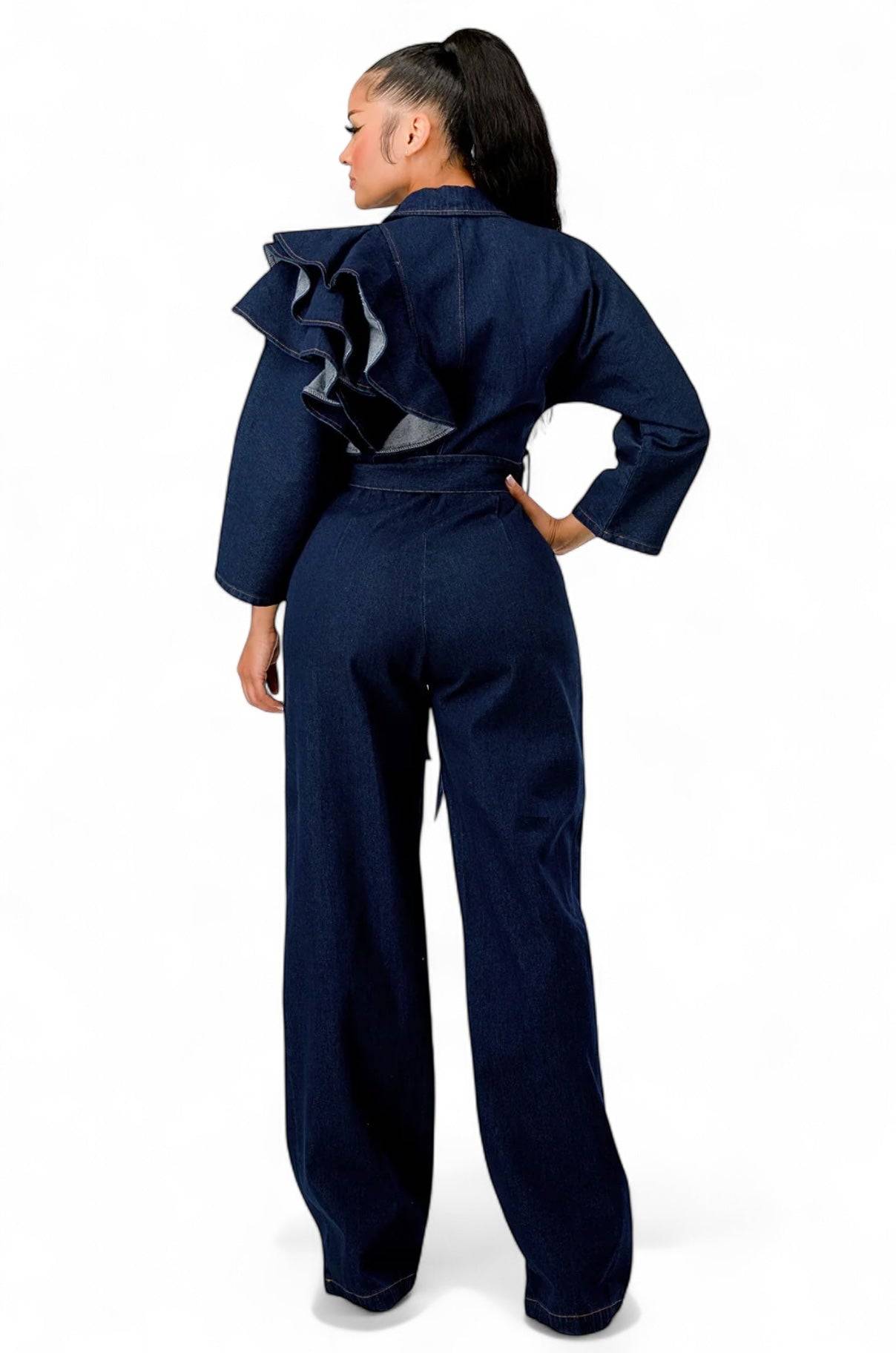 Curvy Dark Denim Ruffle Shoulder Jumpsuit