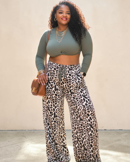 Plus Size Long Sleeve Top And Wide Leg Lepard Print Pants Set
