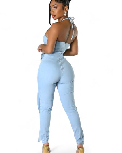 Light Blue Denim Halter Jumpsuit