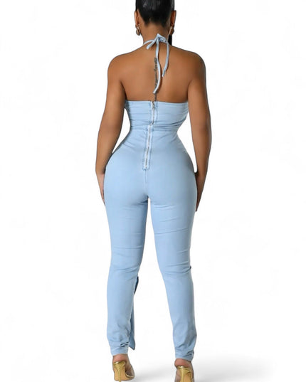 Light Blue Denim Halter Jumpsuit