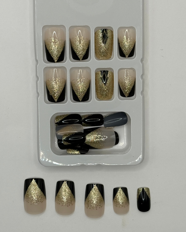 Midnight Luxe Press-On Nails – Black & Gold Glitter Elegance
