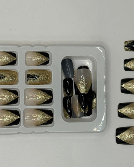 Midnight Luxe Press-On Nails – Black & Gold Glitter Elegance