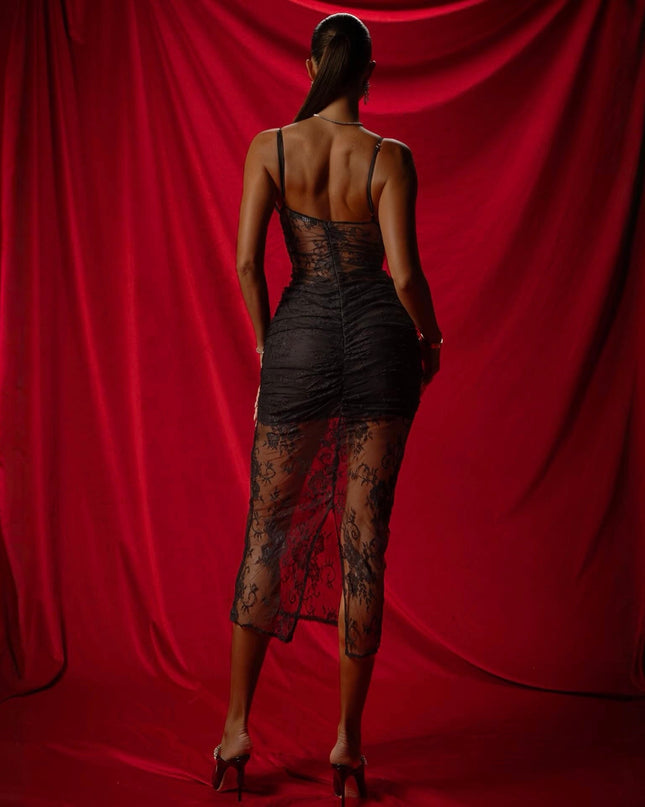 Love Affair Black Lace Midi Dress With Silk Cups