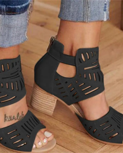 Cutout Floral Chunky Heels Women's Sandals