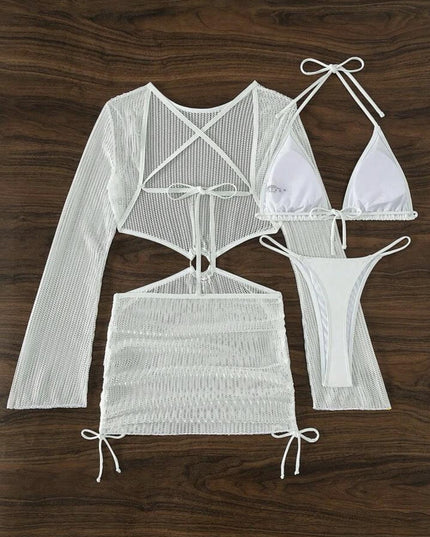 Mesh Hollow Out Drawstring Tie Bikini Three-Piece Set | ZAKAPOP