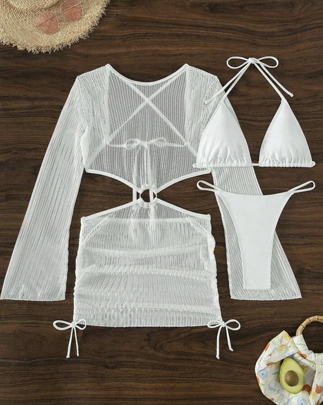 Mesh Hollow Out Drawstring Tie Bikini Three-Piece Set | ZAKAPOP