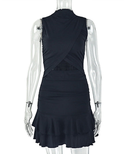 Solid Color Women Pleated Waist Tight A line Dress round Neck Cut out Ruffled Short Dress