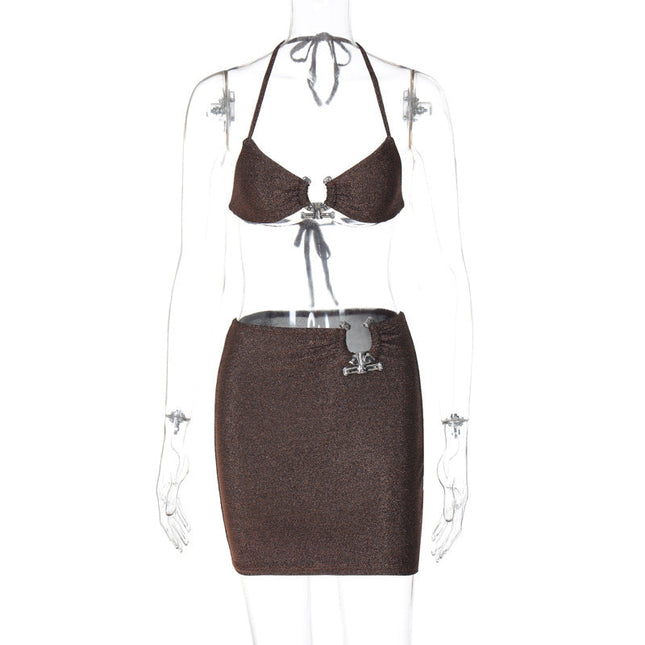 Summer New Night Club Style Sexy Lace-up Chest-wrapped Hip Skirt Two-piece Suit