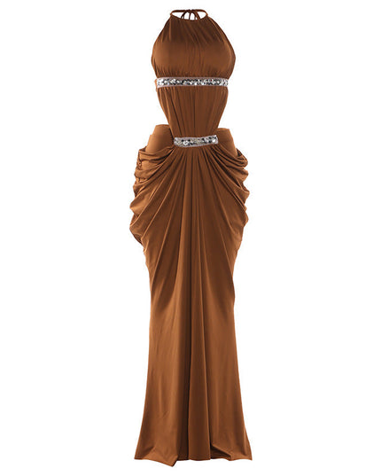 Spring Women Clothing Fashionable Sequ Stitching Halter Backless Thin Strap Sexy Front Slit Dress