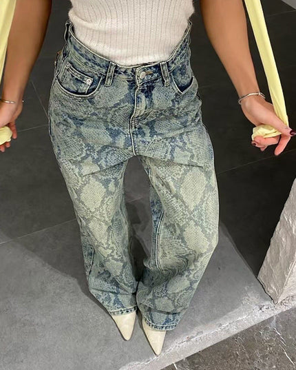 Women's American Style Spliced Snake Pattern Straight Leg Jeans
