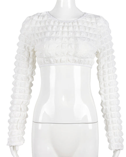 Hollow Out Cutout Bubble Cropped Long Sleeve off-Shoulder Top Sexy T shirt