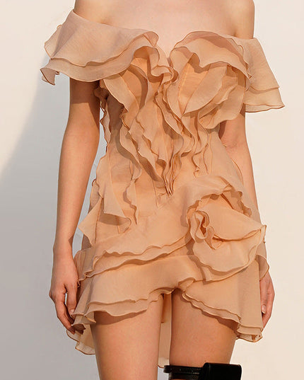 Ruffled off the Shoulder Short Sleeve Dress Women Summer Sweet Slim Fit Flying Sleeves Short Dress