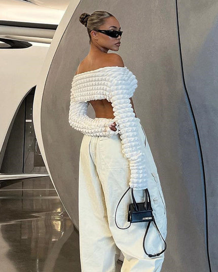 Hollow Out Cutout Bubble Cropped Long Sleeve off-Shoulder Top Sexy T shirt
