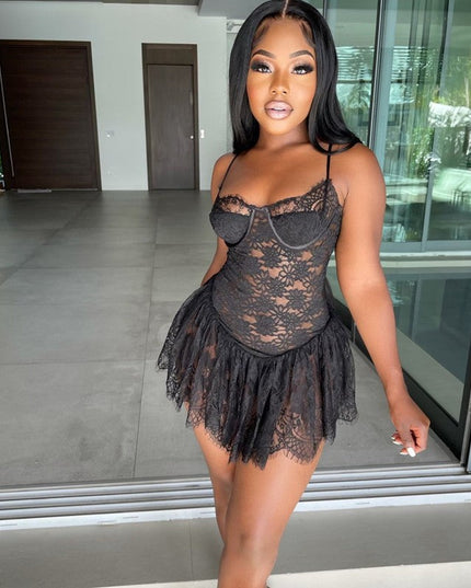 Women Clothing Eyelash Lace Sexy Sleeveless Sling Dress Short Women Clothing