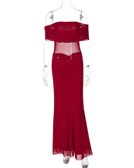 Mesh Stitching Maxi Dress Summer Sexy off Shoulder Pleated Slim Dress