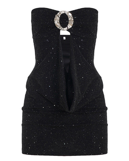 Women Clothing Thin Glittering round Buckle Bow Swing Collar Hollow Out Cutout out Tube Top Dress Party Sexy Hip Dress